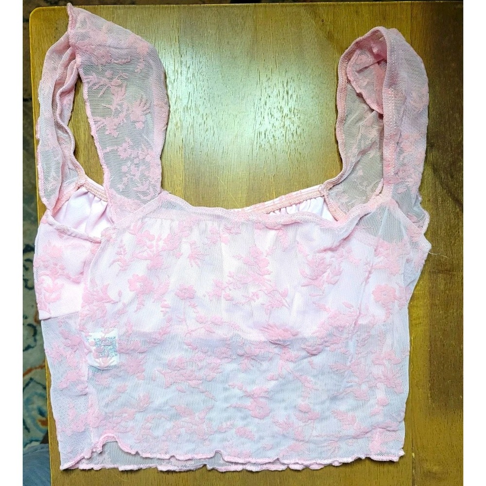 SHEIN Pink Floral Lace Bralette top Coquette Sheer Stretch S Girly bows